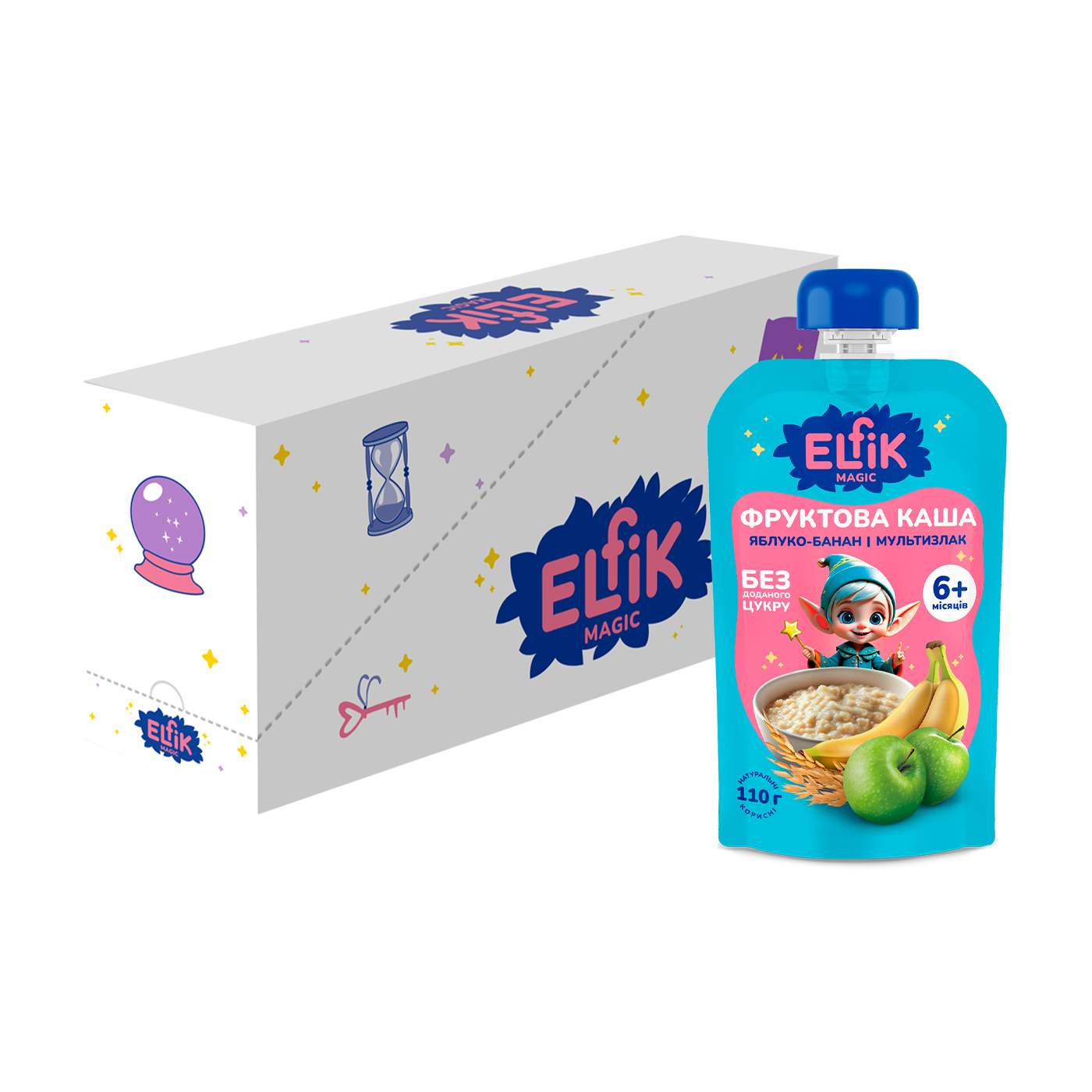 Уцінка! Дитяча фруктова каша Elfik Magic Яблуко-банан і мультизлак, без доданого цукру, від 6 місяців, 18*110 г